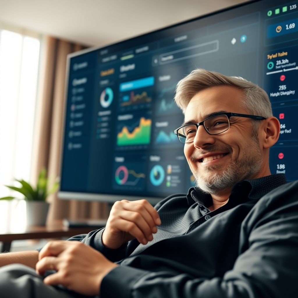 A business owner smiling and relaxing with a cup of coffee while in the background, their website dashboard operates itself with animations of data flowing and tasks being checked off automatically.