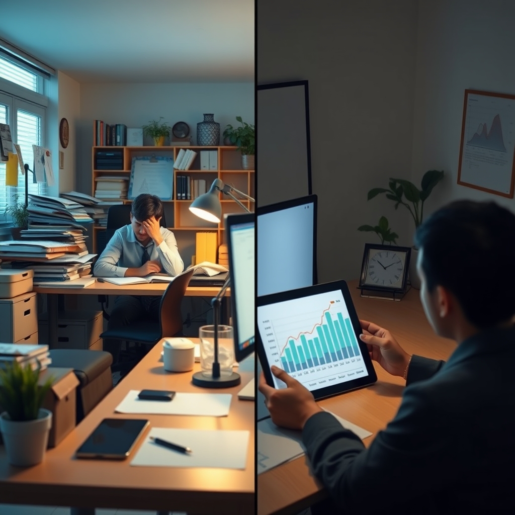 A split-screen image showing one side with a cluttered desk and stressed person, the other side with a clean desk, a plant, and a person looking at a tablet showing a simple, successful business graph, representing the contrast before and after website automation.