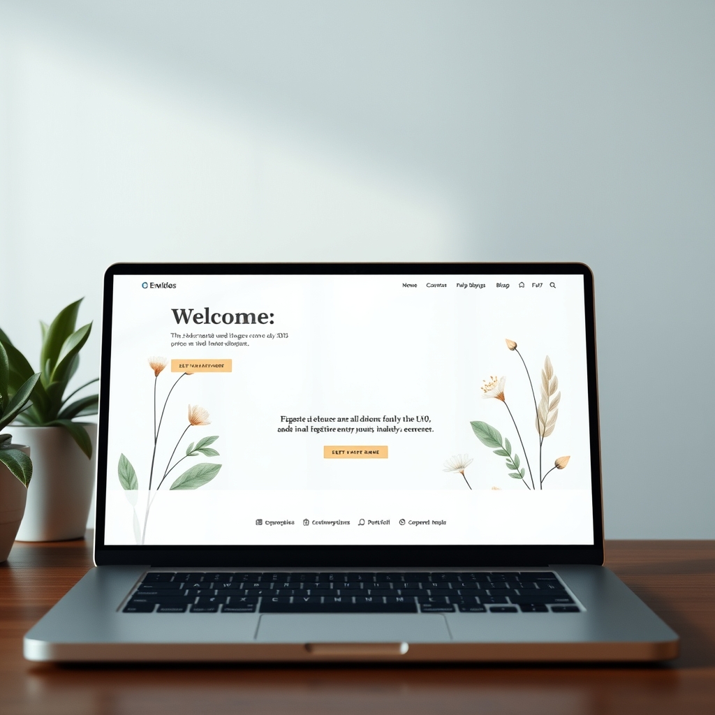 A serene, beautifully designed website homepage on a laptop, with soft botanical illustrations and ample white space, evoking a feeling of calm and welcome.