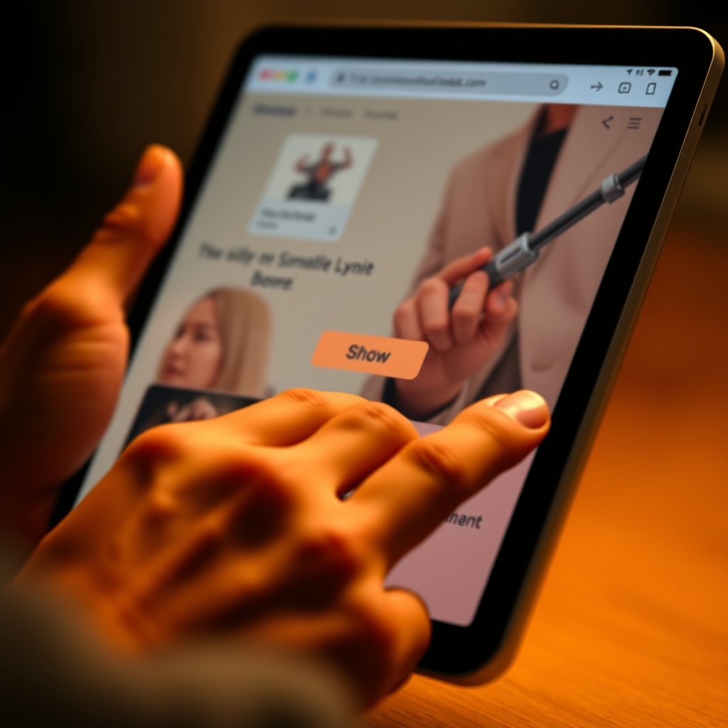 A close-up of a user's hand scrolling on a tablet, showing a website with smooth animations and delightful micro-interactions like a button that gently blooms when hovered.