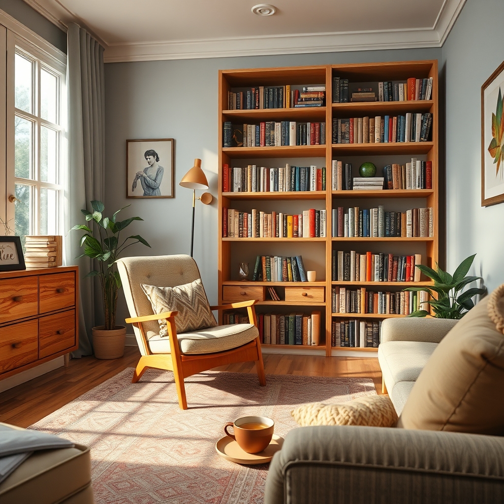 A warm, inviting living room scene metaphorically representing a website, with a comfortable chair, a cup of tea, and a bookshelf filled with interesting books, symbolizing a place where visitors want to return.
