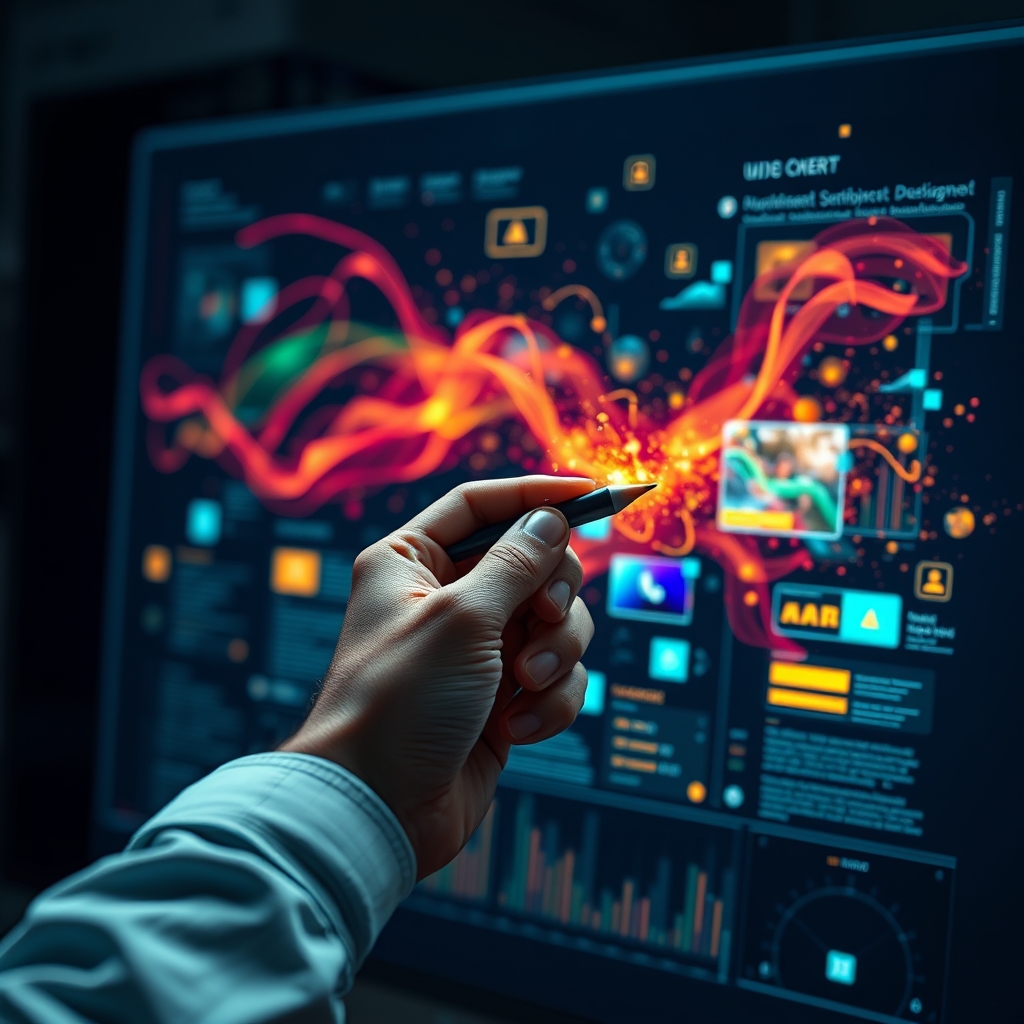 A designer's hand holding a stylus, from which colorful, flowing video-like visuals and UI elements are streaming onto a digital canvas, blending the real and the digital.