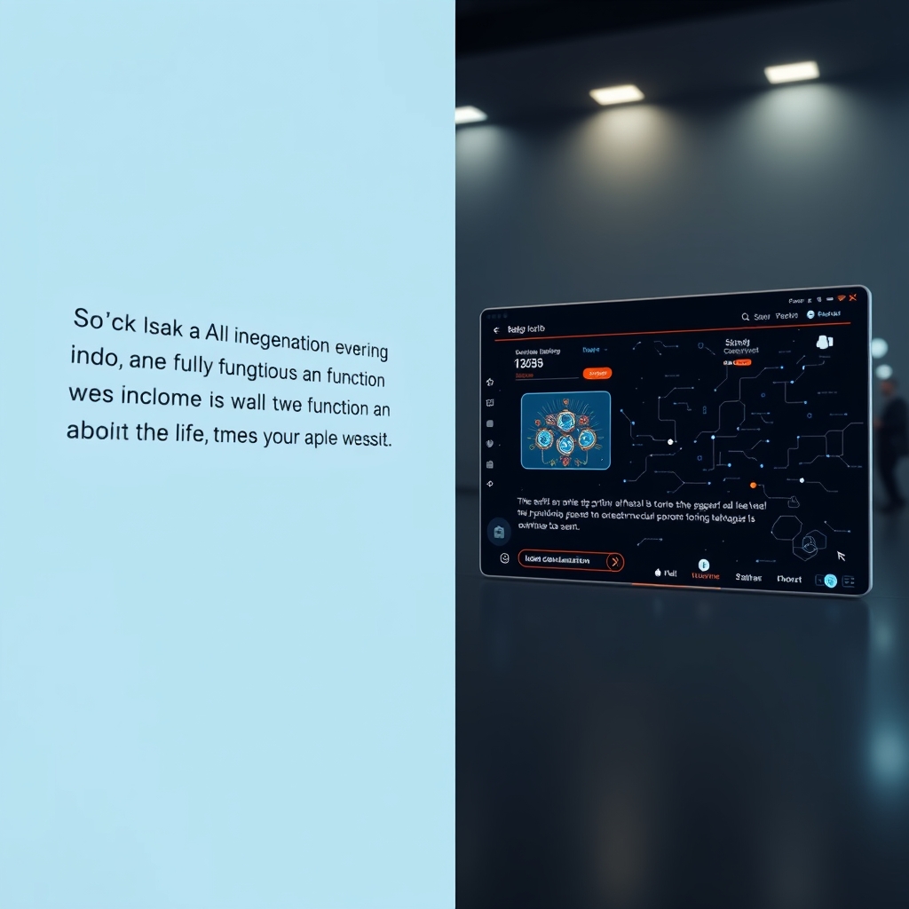 A split-screen view showing on one side a simple text prompt describing a website interaction, and on the other side, an AI-generated, fully functional and animated web page coming to life.