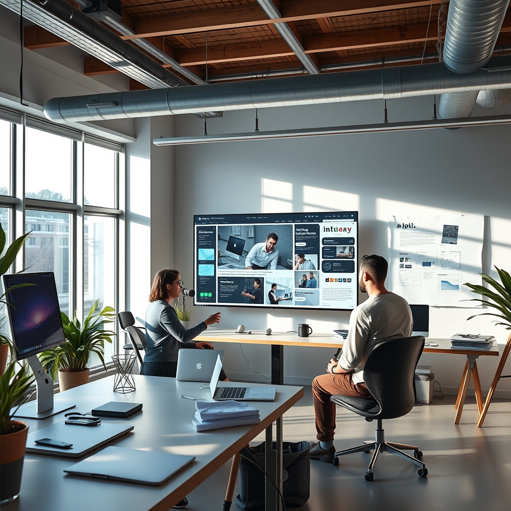A modern, sunlit design studio where designers are collaborating around a large screen displaying an AI-generated, interactive website that changes in real-time based on their voice commands and gestures.