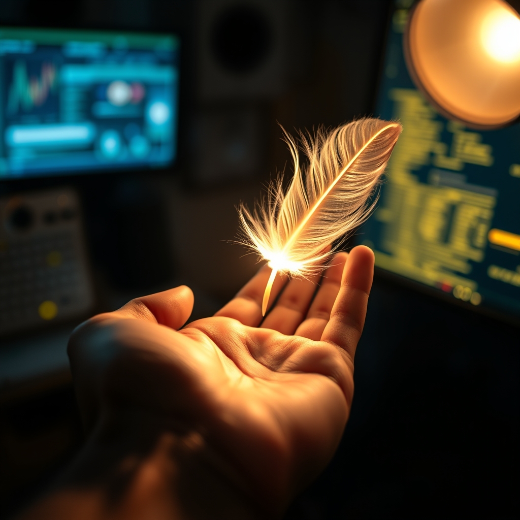 A close-up of an artist's hand, a wisp of glowing light like a feather or idea lifting from their palm and floating towards a digital screen.