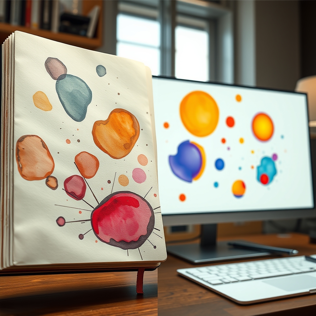 A split-screen view: one side shows a messy, beautiful sketchbook with abstract watercolor shapes, the other side shows those shapes coming to life as animated elements on a sleek monitor.
