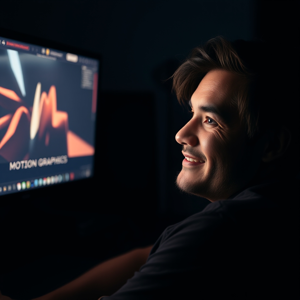 A person sitting in a dark room, their face illuminated by the soft glow of a computer monitor playing a finished, stunning motion graphics video. A subtle smile of satisfaction on their face.