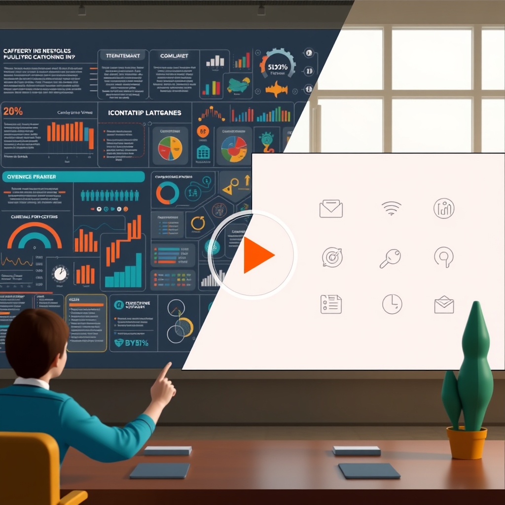 A split-screen showing on one side a complex infographic and on the other a simple, elegant animated explainer video with icons and smooth transitions, highlighting the clarity of video.