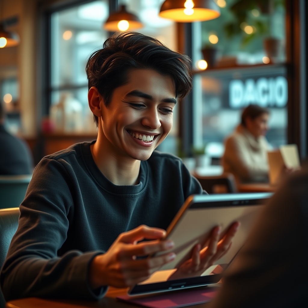 A person smiling while watching a heartfelt brand story video on a tablet, with a warm, emotional glow reflecting on their face, in a cozy cafe setting.