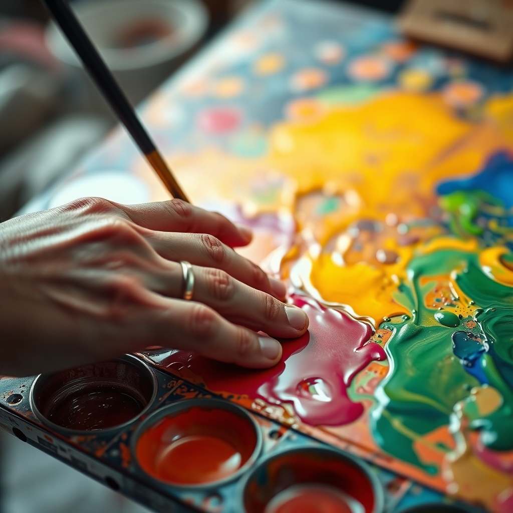 A close-up of an artist's hand mixing vibrant, luminous paints on a palette, colors bleeding into each other beautifully.