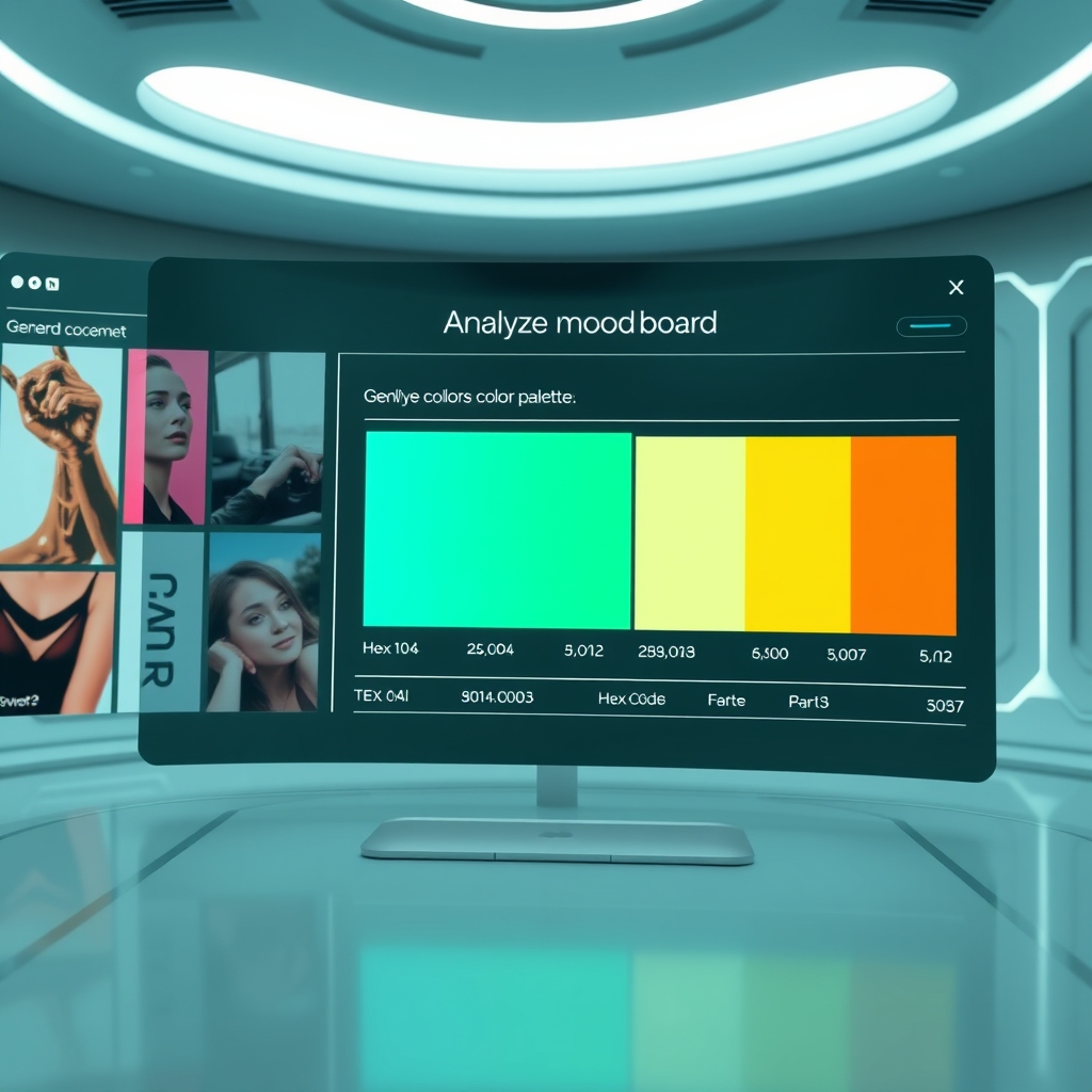 A sleek, futuristic interface showing an AI analyzing a mood board and generating a cohesive color palette with hex codes.