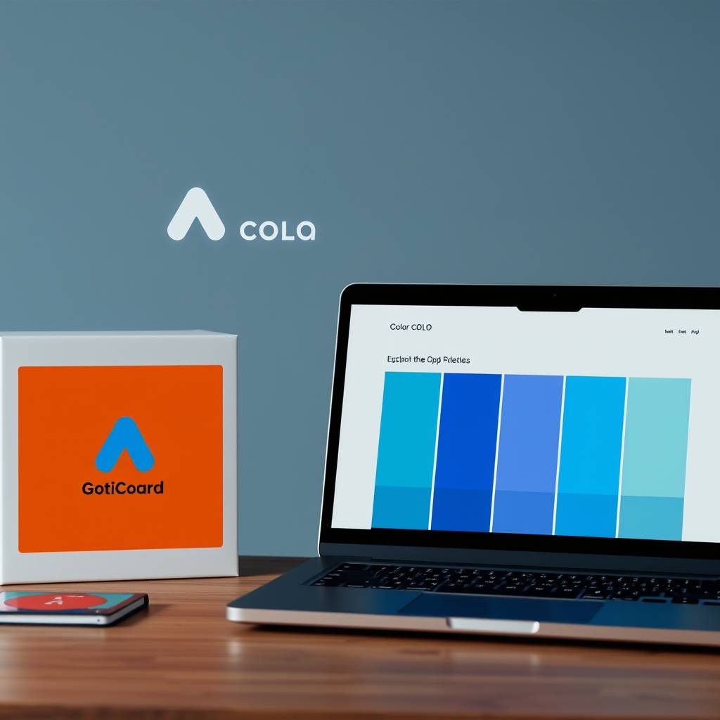 A stylish brand application scene showing the cohesive use of a color palette across a logo, website on a laptop, and product packaging.