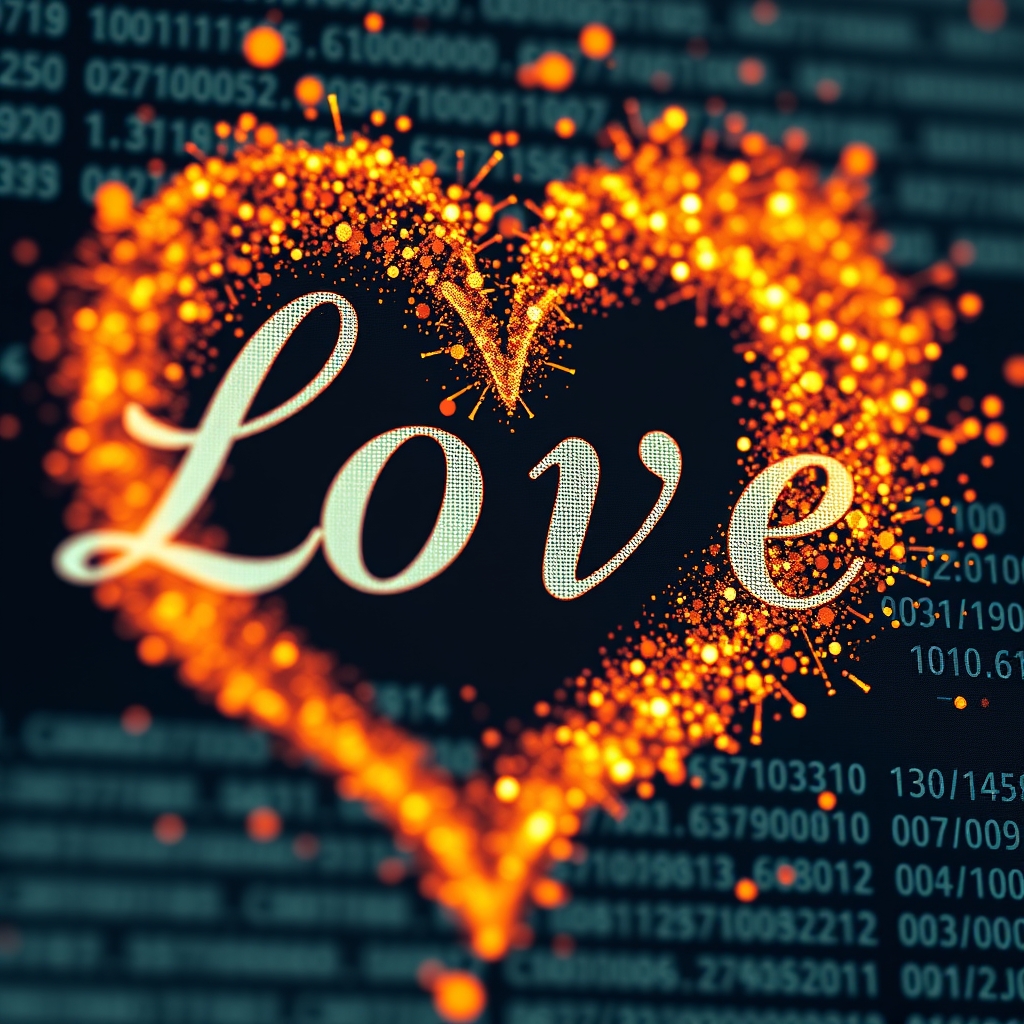 A close-up of a digital interface where elegant text transforms into flowing particles that dance and form a heart shape, symbolizing emotion in motion.