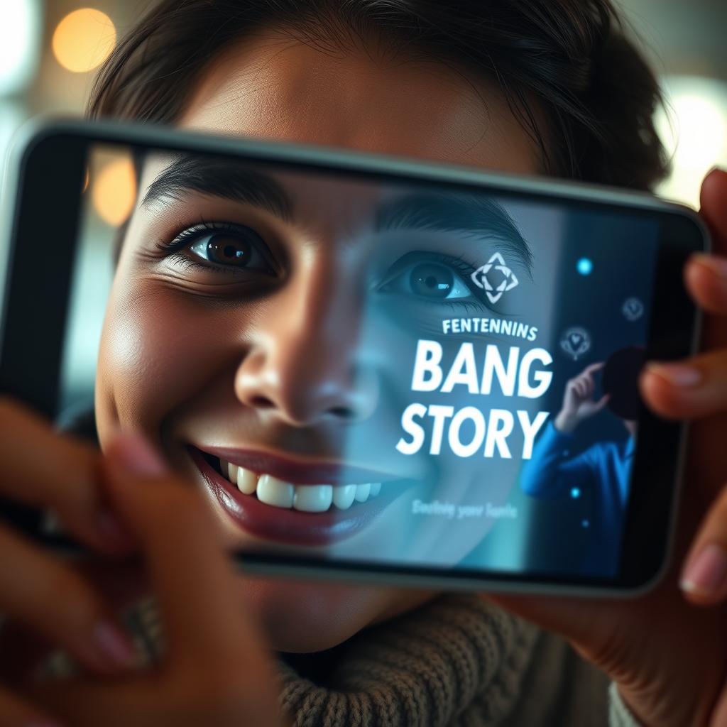 A viewer smiling with captivated eyes, reflected in the screen of a device showing a dynamic, moving brand story with elegant animations.