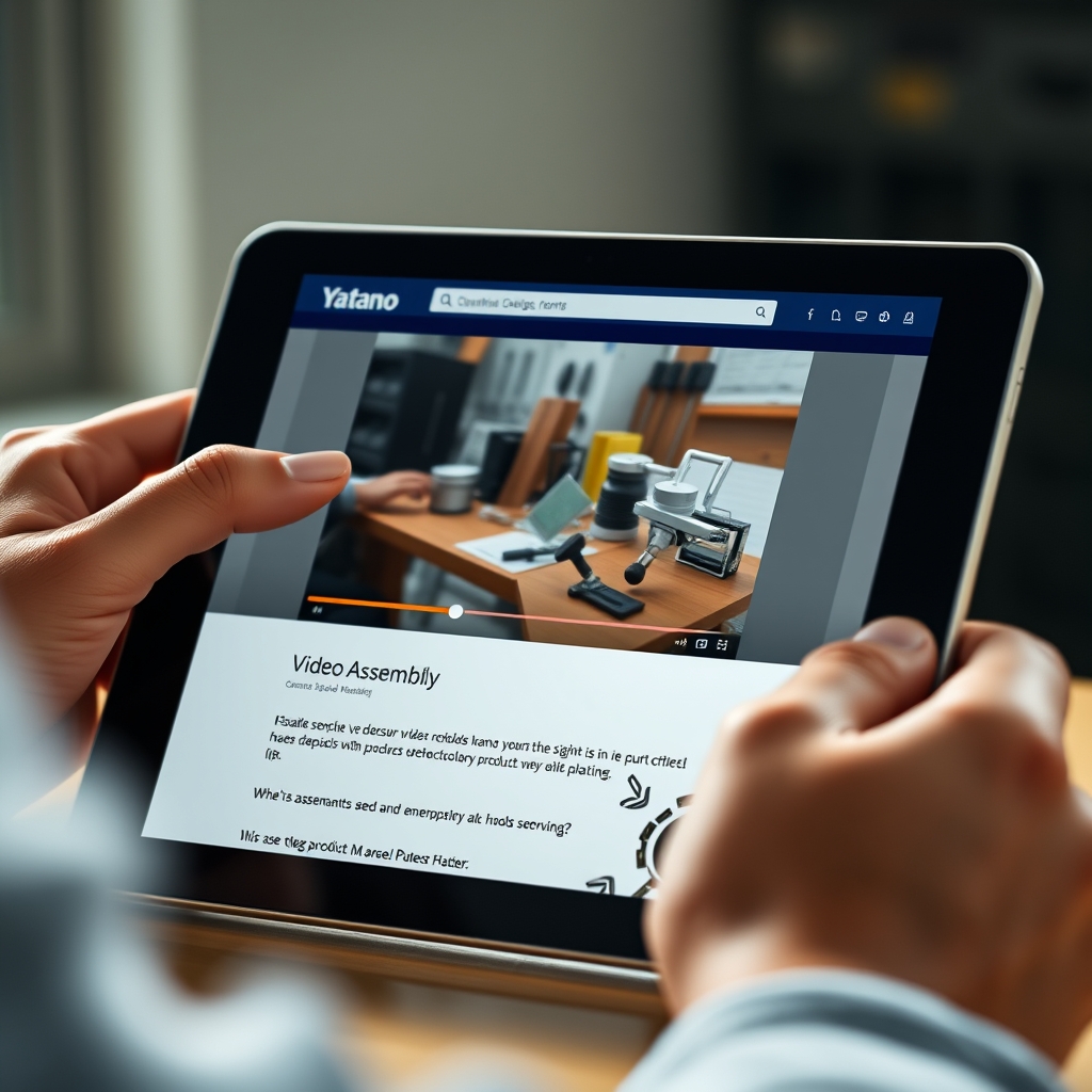 A close-up shot of a person's hands interacting with a digital tablet, showing a website with an embedded video player demonstrating a product assembly process. The scene is bright and focused.