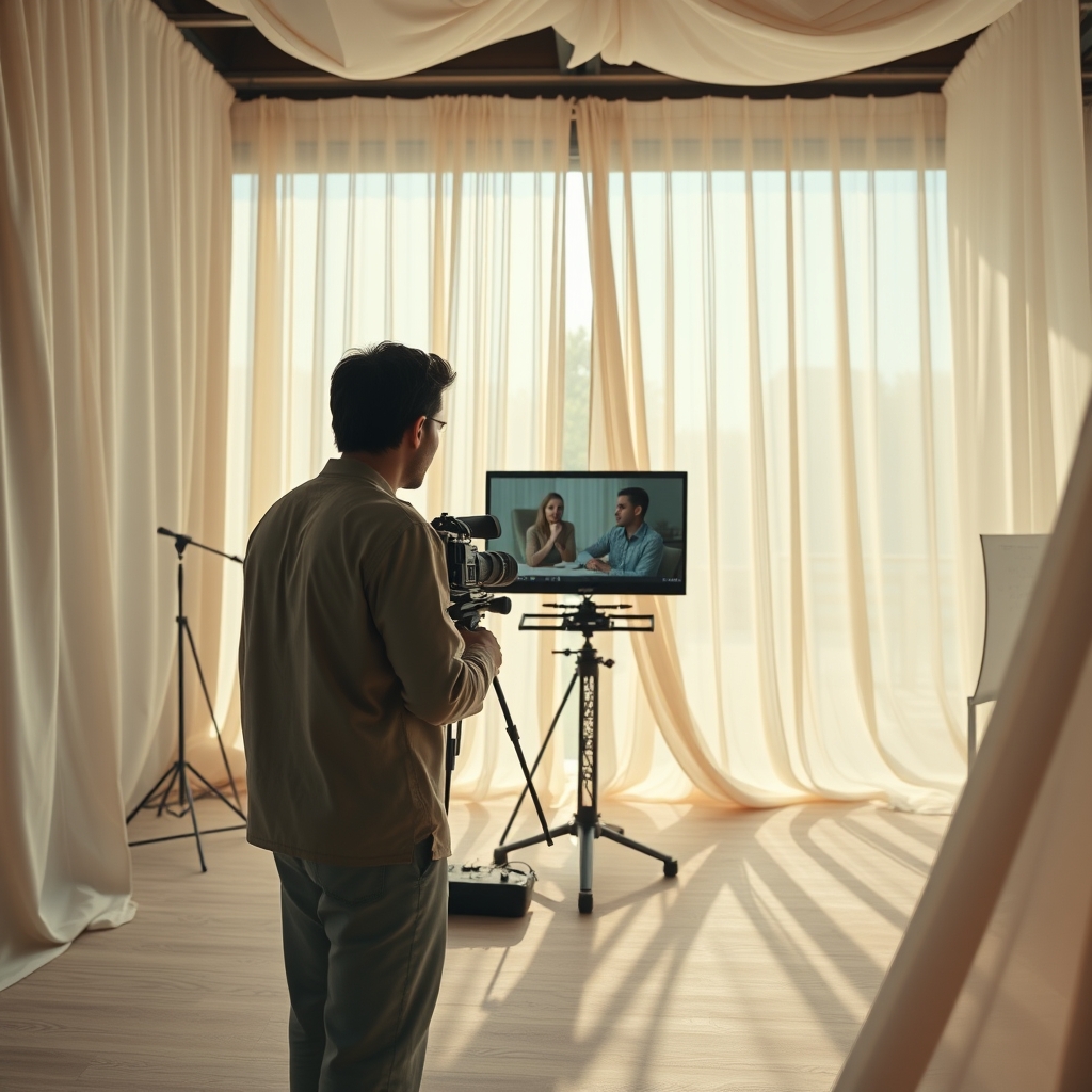 A serene, sun-drenched studio with soft fabrics and a gentle breeze moving through sheer curtains, focusing on a director calmly reviewing footage on a monitor.