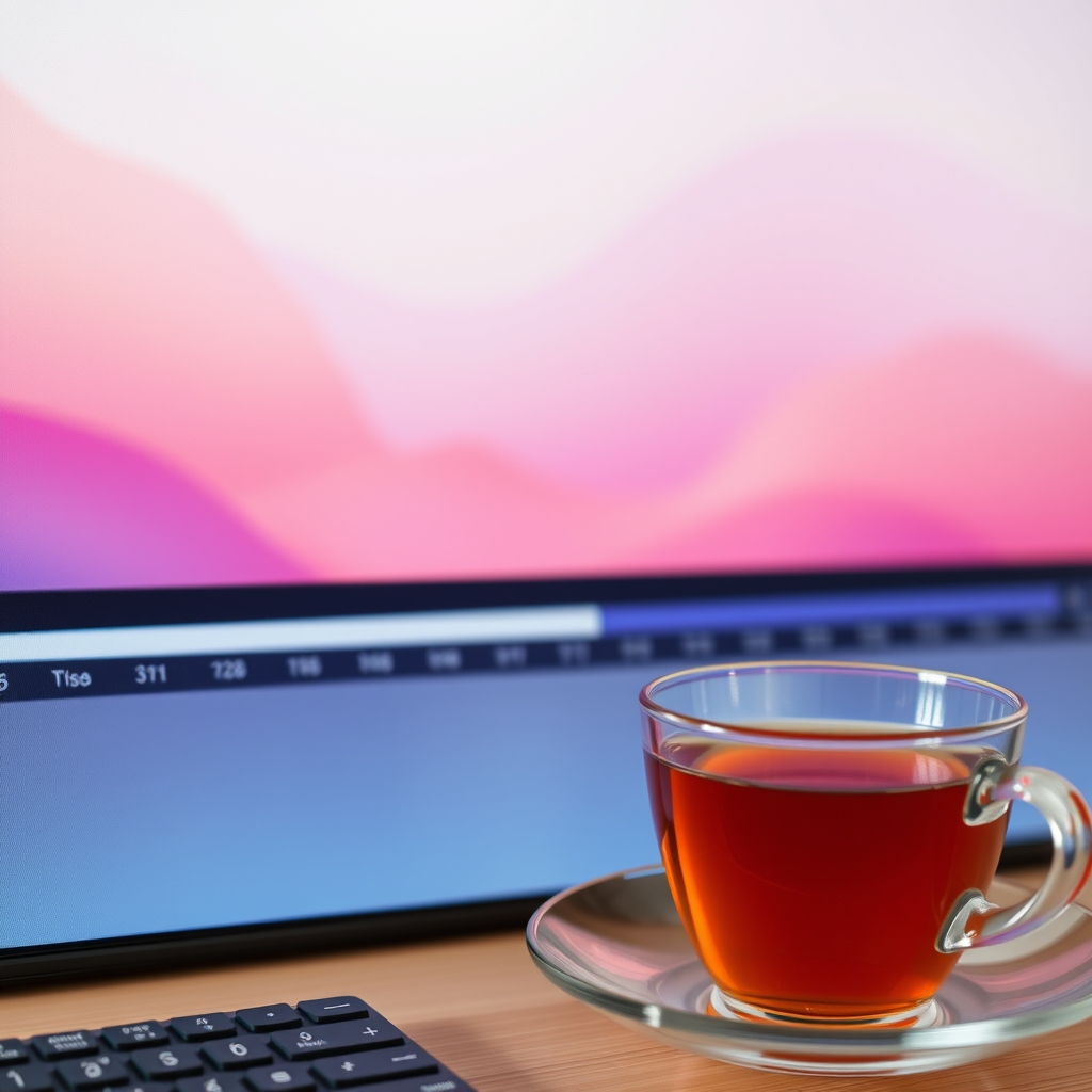 A close-up of a color grading screen showing soft, pastel tones transitioning smoothly, like a watercolor painting, with a cup of warm tea beside it.