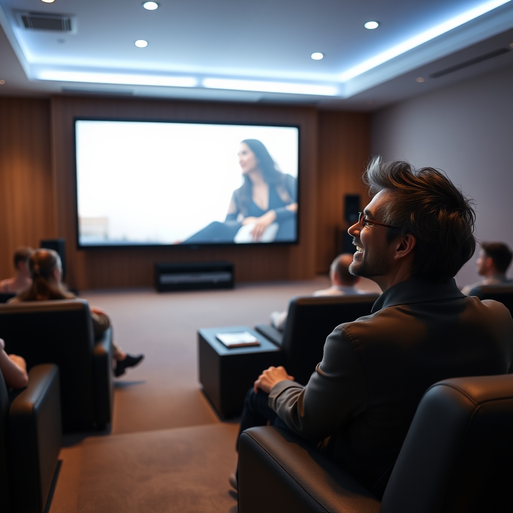 A peaceful, wide shot of a viewing room with soft lighting, where someone is watching the final video on a large screen, with a content, relaxed smile on their face.
