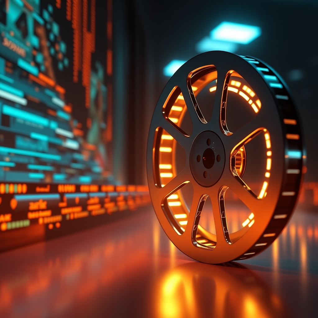 A sleek, modern AI interface glowing with neon data streams, overlaying a classic film reel turning calmly in the background, symbolizing the fusion of new and old.