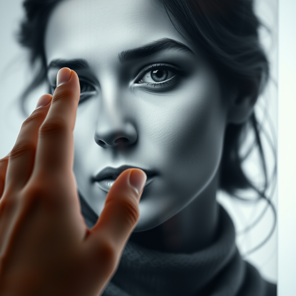 A close-up of a human hand gently touching a translucent, digital screen that shows a classic black-and-white portrait coming to life with subtle color, evoking emotion through technology.
