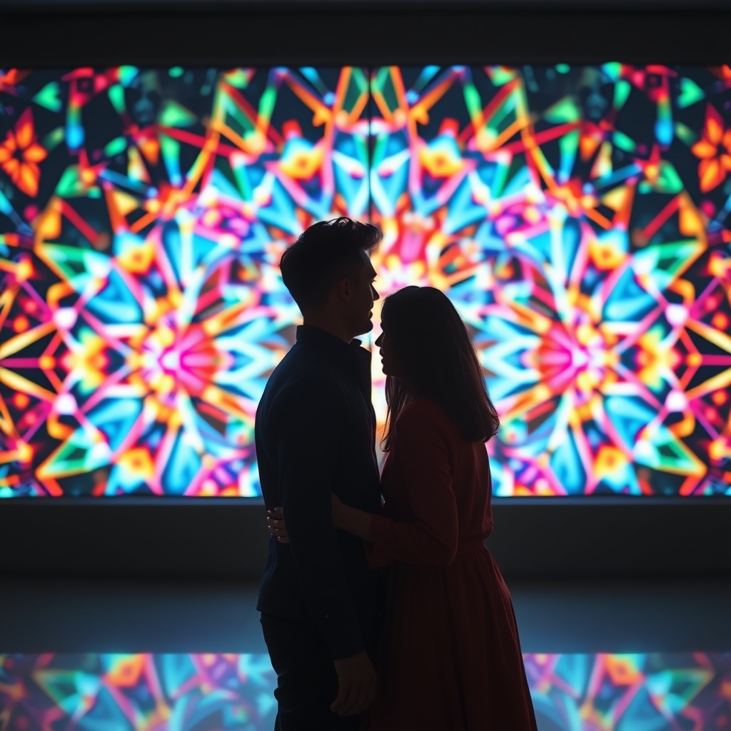A split-screen image: one side shows vibrant, abstract AI-generated geometric patterns; the other shows a simple, powerful shot of two people connecting. A perfect scale balances them in the middle.