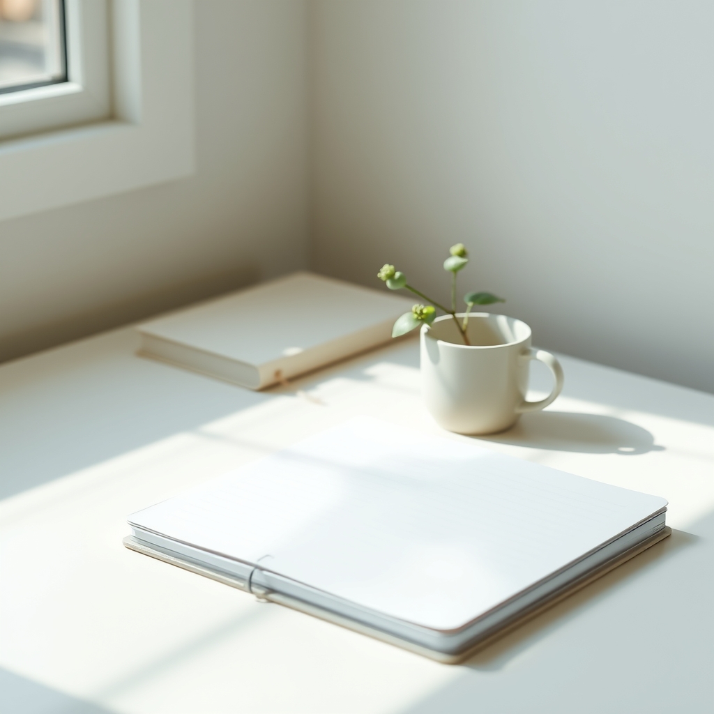 A serene, minimalist desk setup with a single notebook, a ceramic cup, and a small green plant in soft morning light.