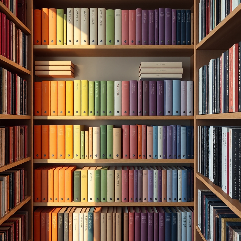 A neatly organized bookshelf, arranged by color and size, creating a calming, harmonious gradient.