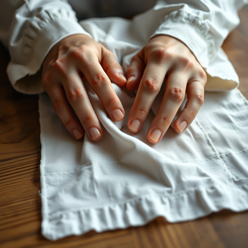 A close-up of hands neatly folding a linen cloth on a wooden table, conveying a sense of care and tranquility.