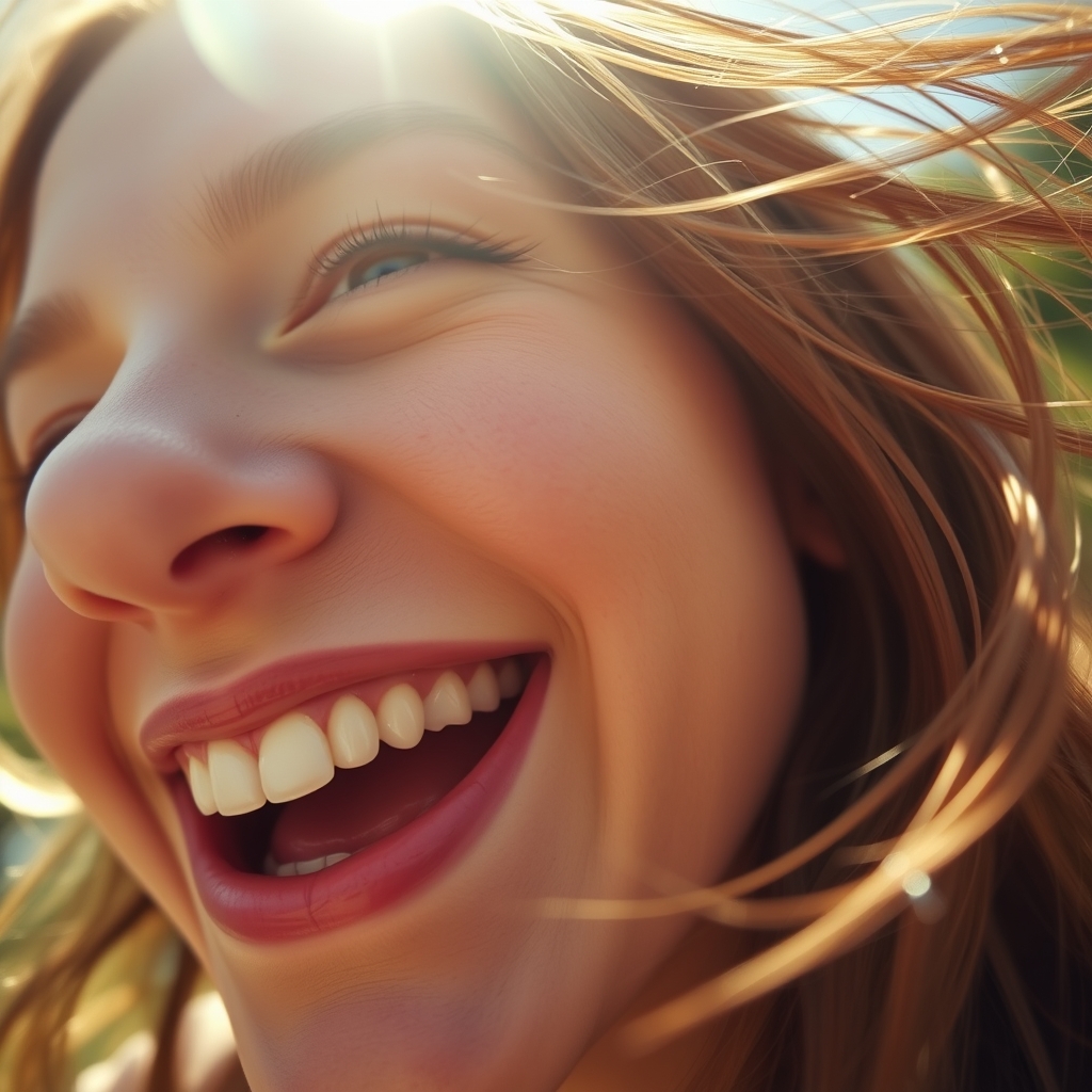 A close-up of a person's joyful expression, with sunlight and gentle breeze causing hair to sway slightly in slow motion, capturing a fleeting, candid moment.