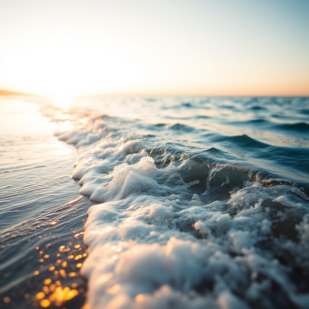 A serene scene of waves gently lapping at a shore at golden hour, with the motion of the water and the sound of waves implied, evoking a peaceful, immersive feeling.
