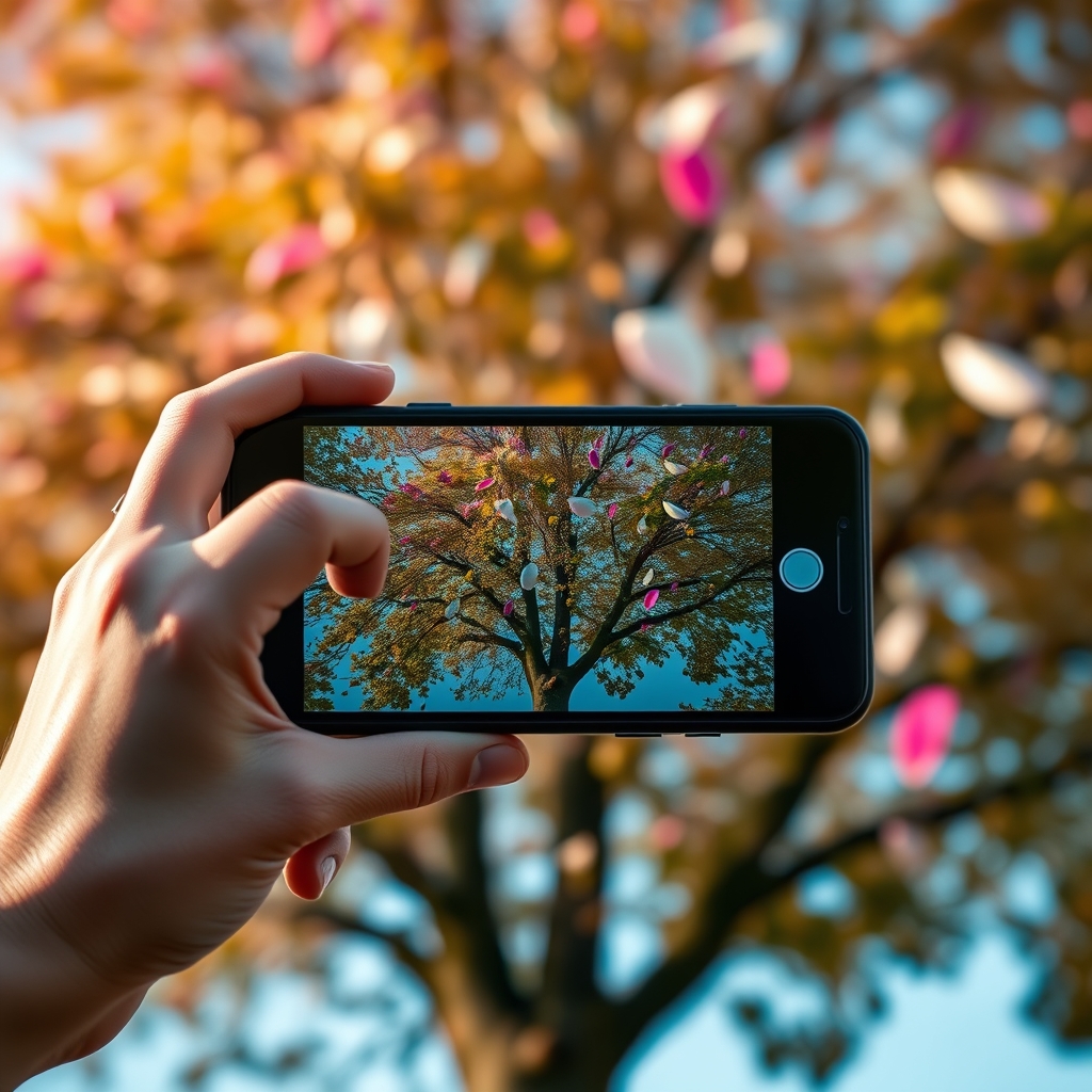 A hand holding a smartphone, capturing a simple but magical moment like petals falling from a tree, representing the ease of creating short-form video content.