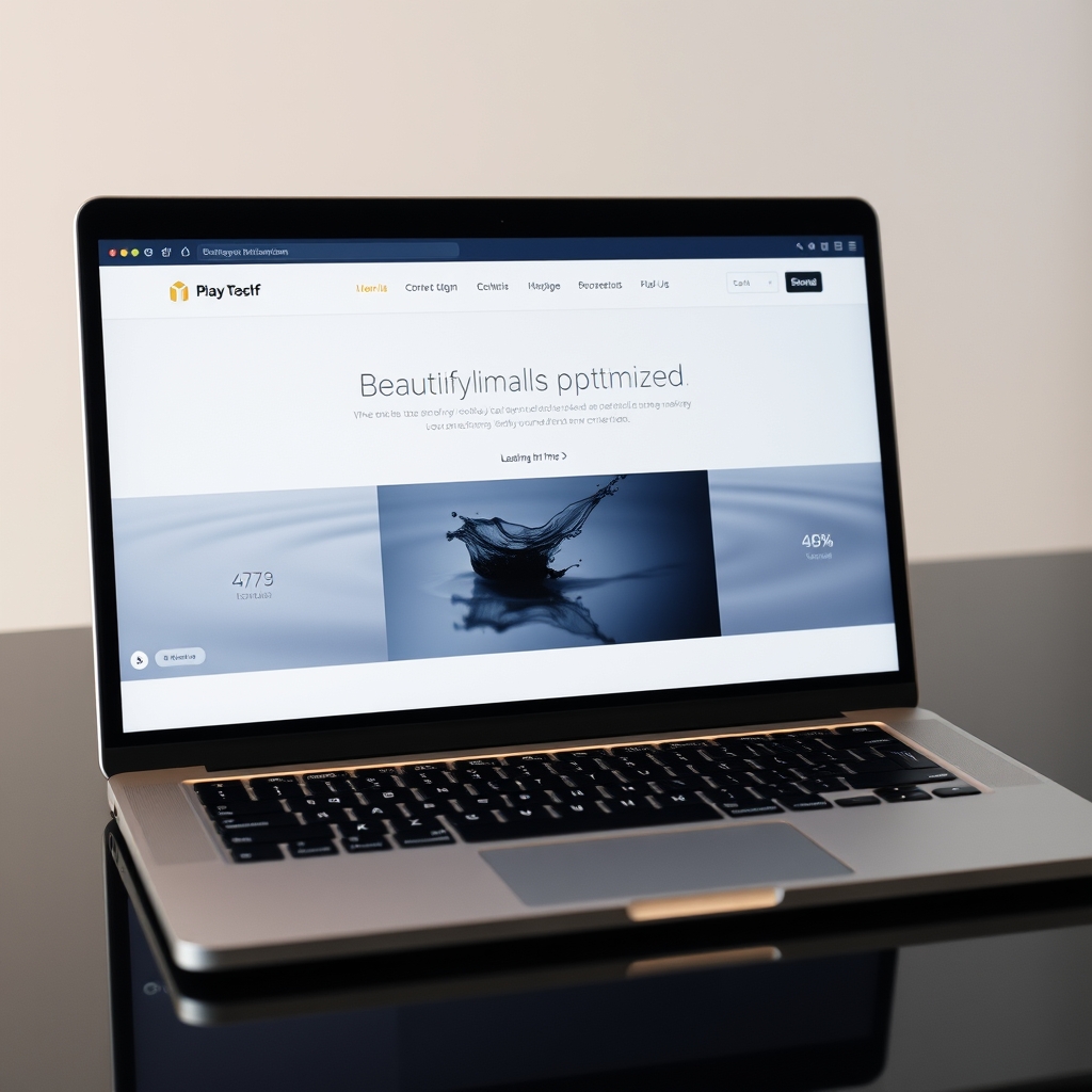 A laptop displaying a beautifully optimized minimalist website with a small, elegant video of ink dispersing in water. The page load speed indicator shows a fast loading time.