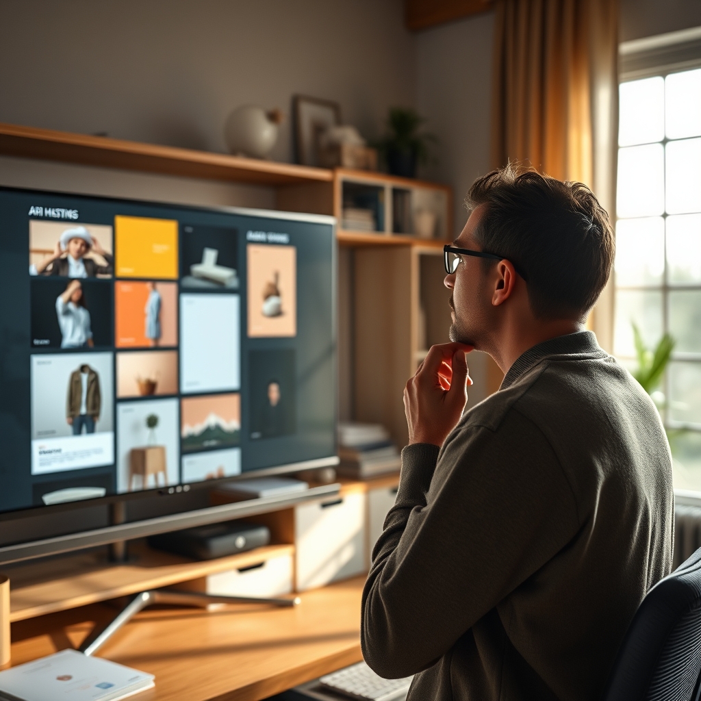 A person looking thoughtfully at a mood board on a large screen, with AI-generated design variations floating beside it, in a cozy, modern home office.