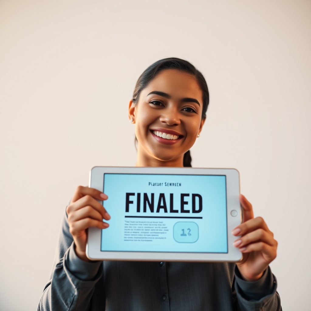 A person smiling confidently, holding a tablet showing a finalized, professional design, with a warm light shining on them, symbolizing empowerment and completion.