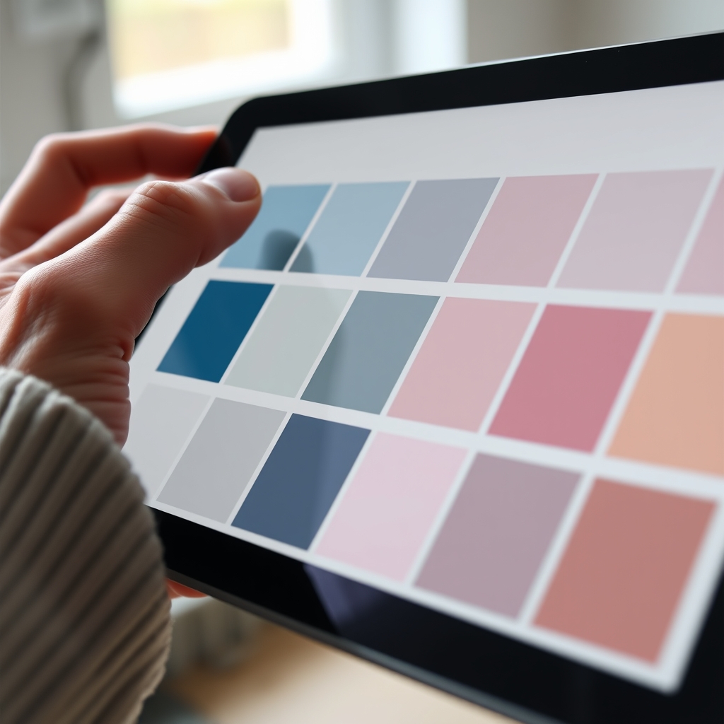 Close-up of a designer's hand curating a thumbnail palette on a tablet, showing a harmonious blend of muted blues and soft pinks, with natural light from a window.