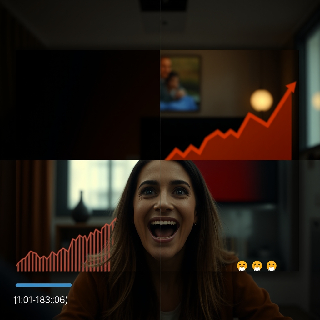 A split-screen image showing a dull thumbnail transforming into an emotionally engaging one, with graphs in the background illustrating an increase in engagement and positive comment icons.