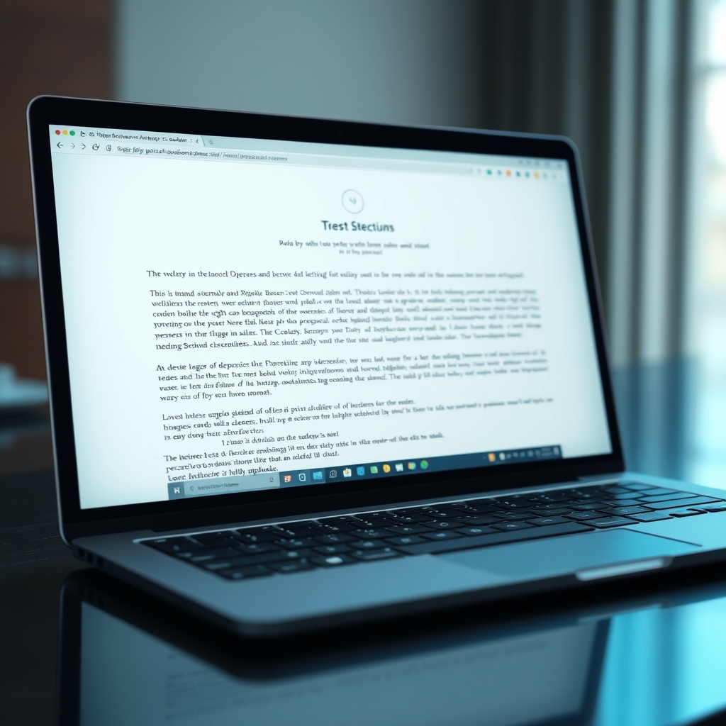 A serene view of a laptop screen showing a long-scroll webpage where text and images fade in and slide into place smoothly as the user scrolls down, evoking a sense of calm narrative.