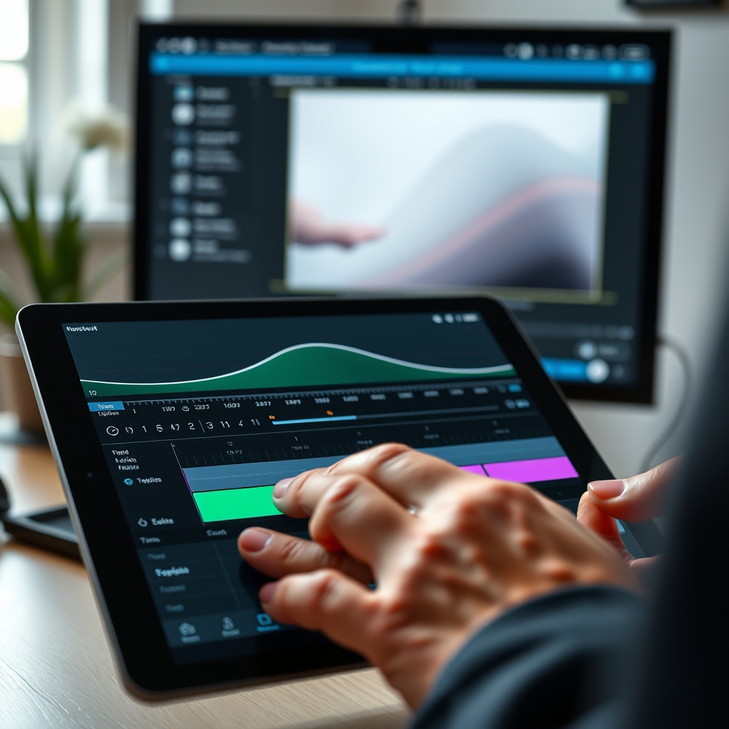 A designer's hands gently adjusting a curve on a motion graph editor on a tablet, with a clean website prototype visible on a monitor in the background, symbolizing the careful crafting of movement.