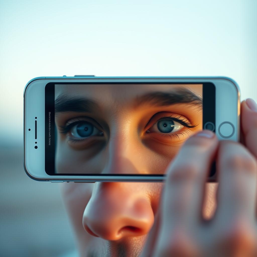A close-up of a person's eyes reflected in a smartphone screen, where a beautiful, minimalist brand video is playing, conveying a sense of wonder and connection.