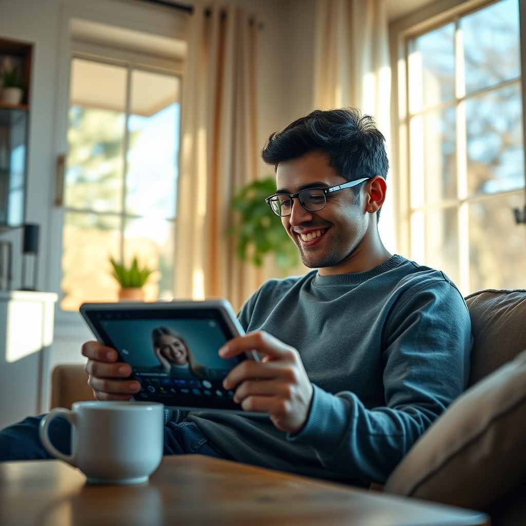A cozy, sunlit room where a person is smiling while watching a brand story video on a tablet, with a cup of coffee beside them, evoking a feeling of comfort and trust.