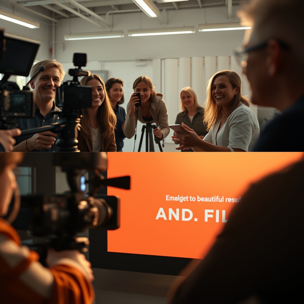 A dynamic, split-screen shot showing the behind-the-scenes of a video shoot on one side (smiling team members, cameras), and the final polished brand film playing on the other side, highlighting the journey from effort to beautiful result.
