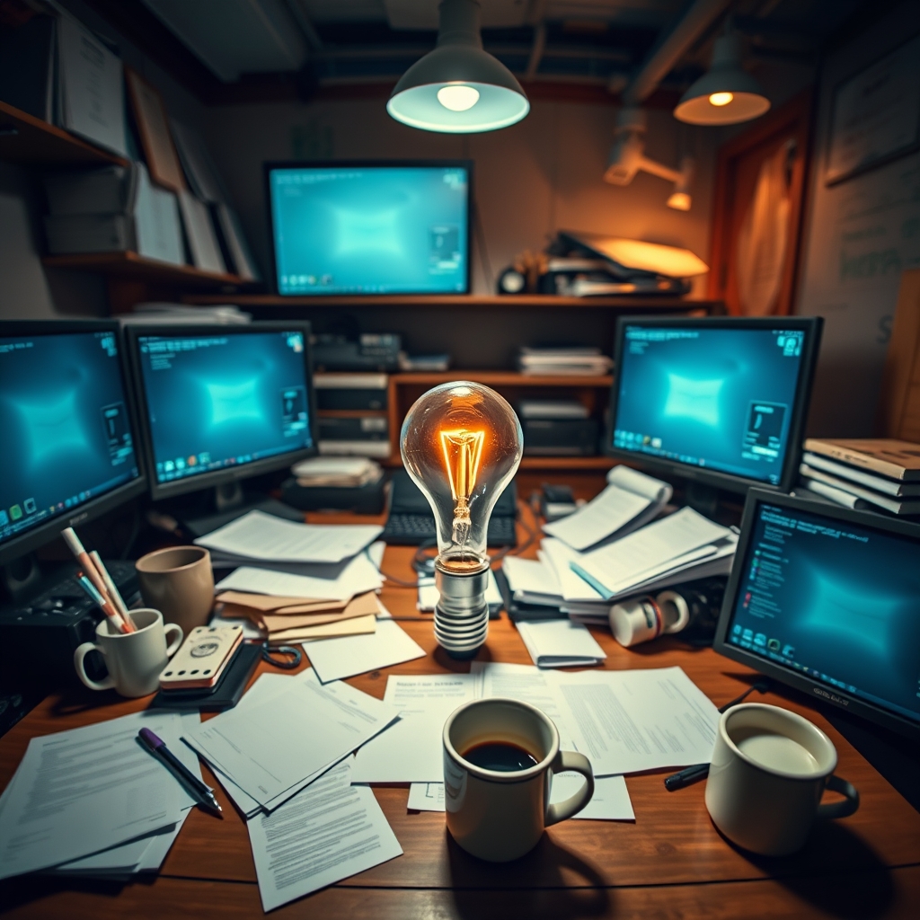 A cluttered desk with multiple screens, papers, and coffee cups, but in the center, a single, clear light bulb shines brightly.