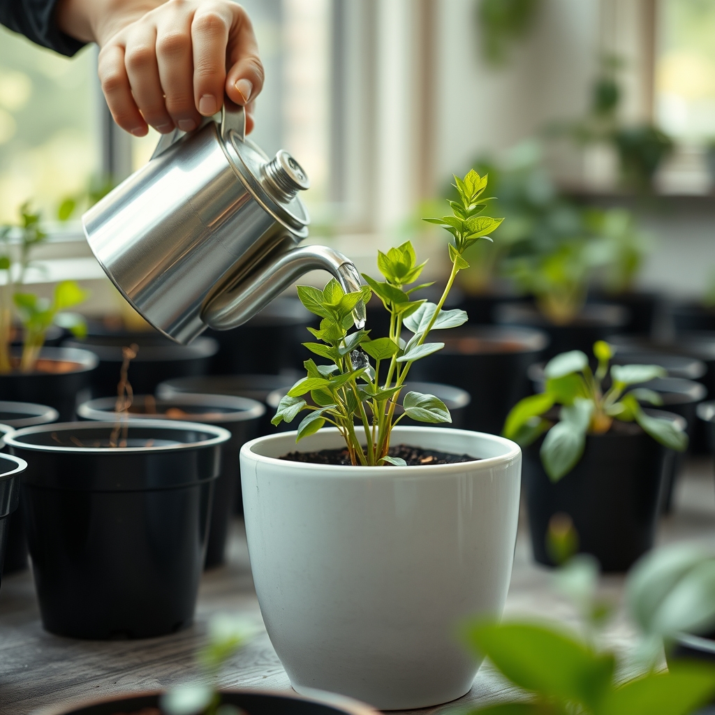 A person calmly watering one thriving, beautiful plant in a minimalist pot, while many other neglected pots sit in the background.