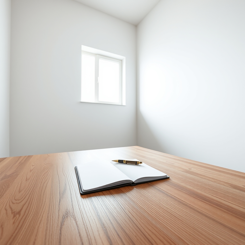 A serene, minimalist room with a single window letting in soft light. On a clean wooden table, only a notebook and a pen lie perfectly arranged.