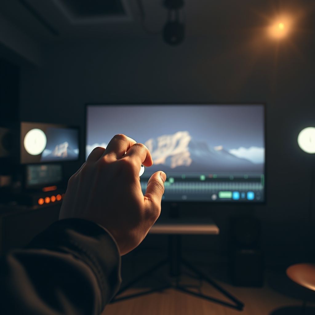 A filmmaker's hand gently adjusting a light dial in a dim editing studio, with a large monitor showing a video waveform that looks like a mountain range.