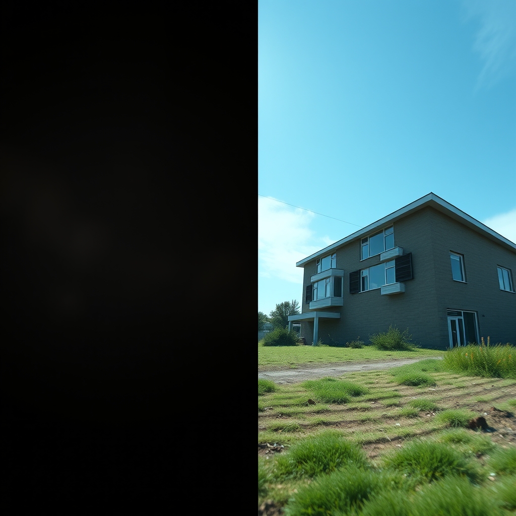 A split-screen view: one side shows raw, grainy footage, the other side shows the same footage cleaned and enhanced by AI, with crystal clear details.