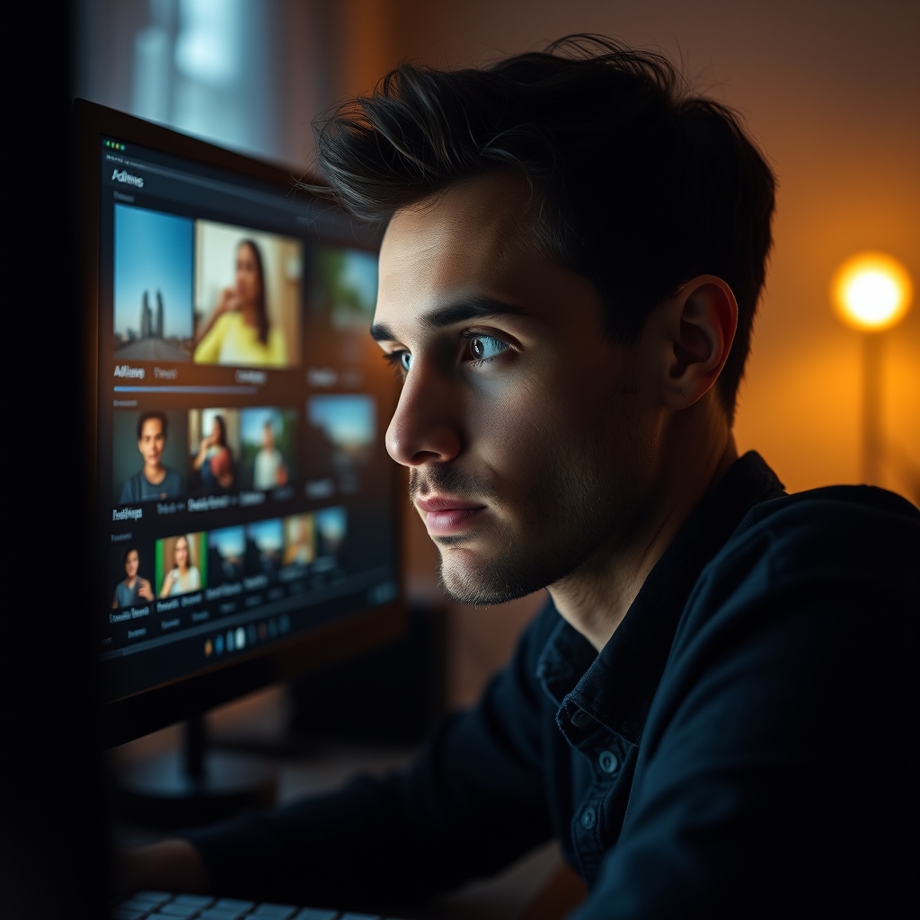 A creative person looking thoughtfully at multiple AI-generated editing options on a screen, their face illuminated by the soft glow.
