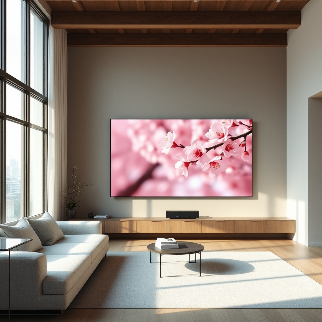 A serene living room with a minimalist aesthetic, where a large, frameless digital screen on the wall displays a slow-motion video of cherry blossom petals falling. The natural light from the window blends with the soft pink glow.