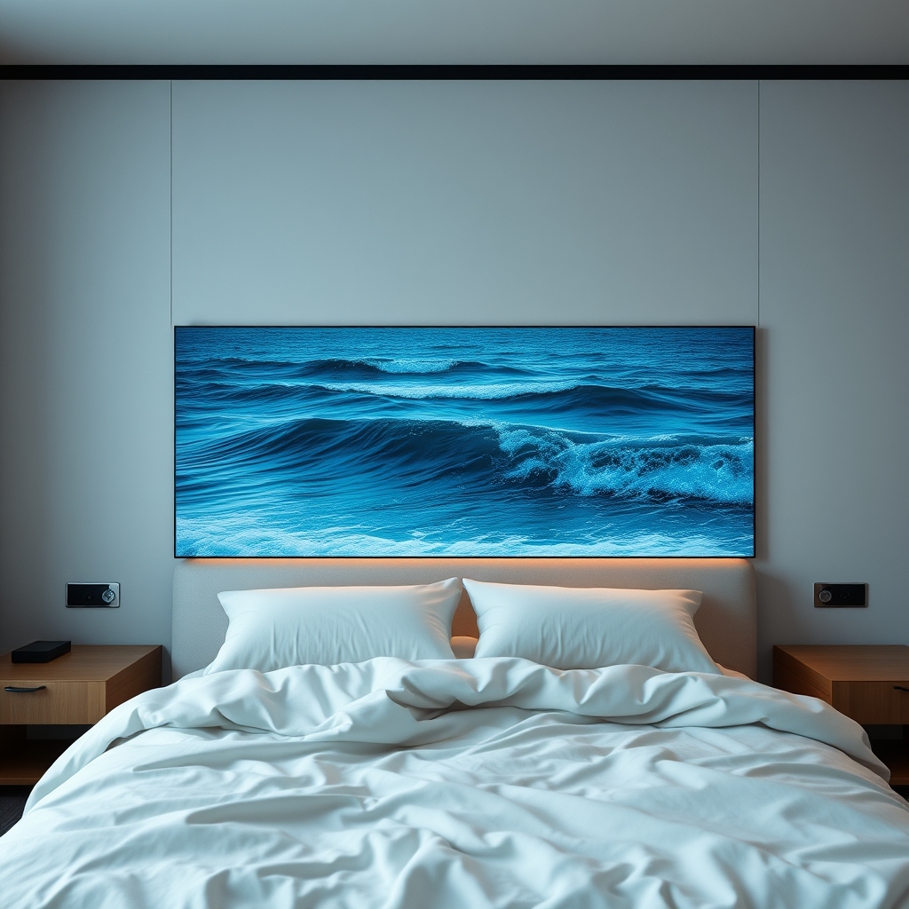 A modern bedroom with neutral tones. Above the headboard, a sleek vertical screen shows a calming loop of deep blue ocean waves rolling in and out under a moonlit sky, casting gentle blue reflections on the bedding.