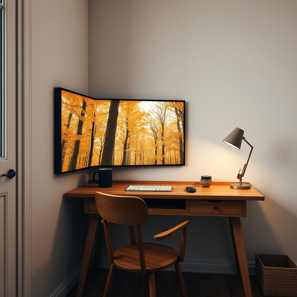 A cozy home office corner with a wooden desk. On the side wall, a digital frame displays a loop of golden autumn leaves gently swirling down in a forest, creating a warm and focused atmosphere.